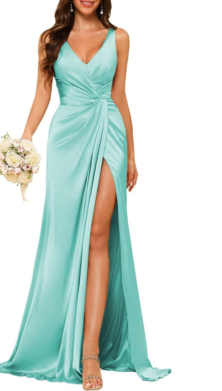 A-Line/Princess V Neck Sleeveless Floor-Length Bridesmaid Dresses with Split