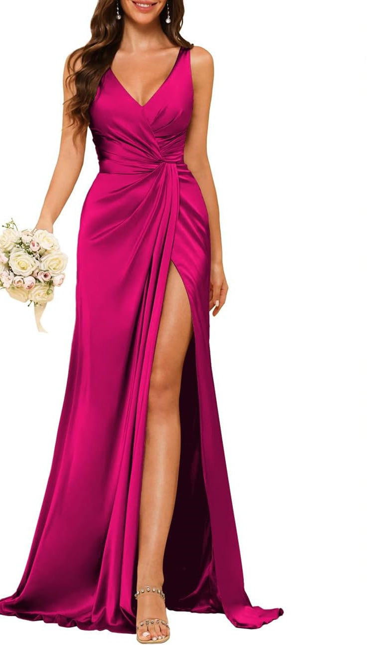 A-Line/Princess V Neck Sleeveless Floor-Length Bridesmaid Dresses with Split
