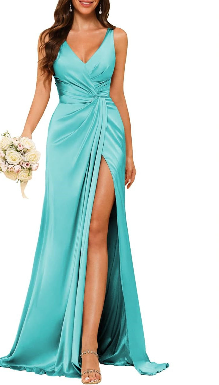 A-Line/Princess V Neck Sleeveless Floor-Length Bridesmaid Dresses with Split