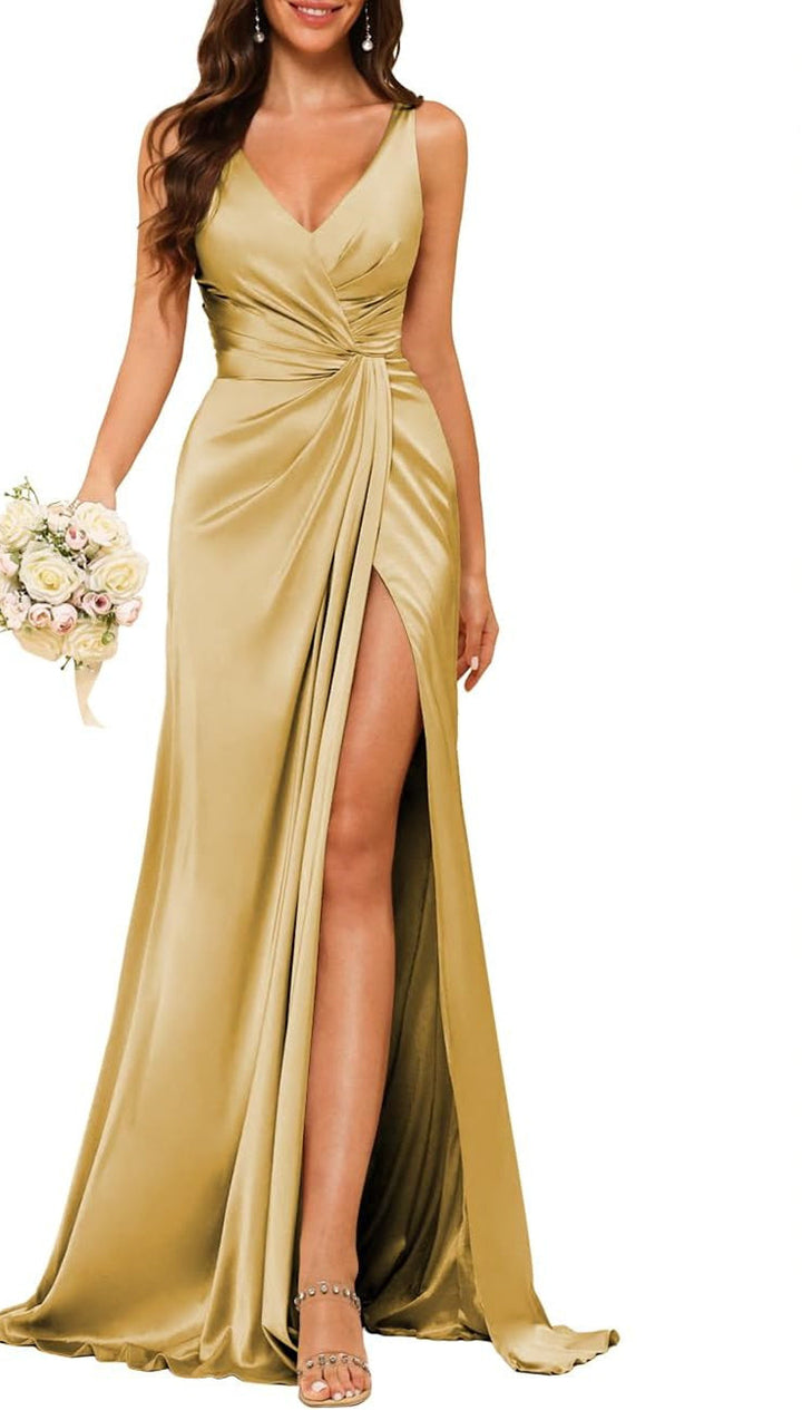 A-Line/Princess V Neck Sleeveless Floor-Length Bridesmaid Dresses with Split