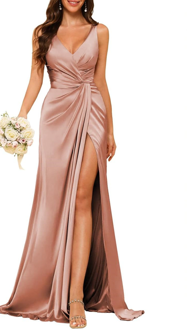 A-Line/Princess V Neck Sleeveless Floor-Length Bridesmaid Dresses with Split