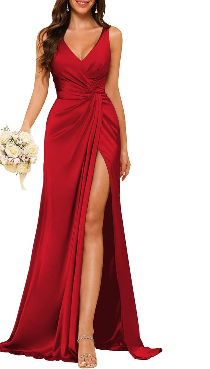 A-Line/Princess V Neck Sleeveless Floor-Length Bridesmaid Dresses with Split
