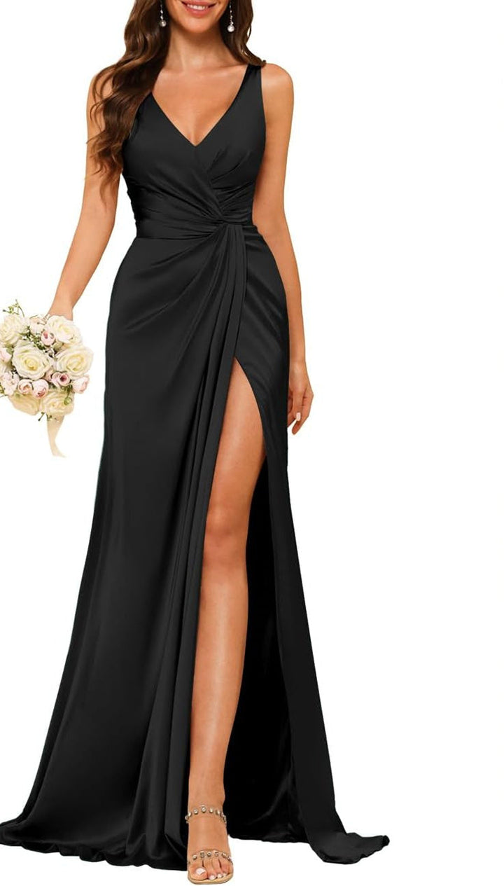 A-Line/Princess V Neck Sleeveless Floor-Length Bridesmaid Dresses with Split
