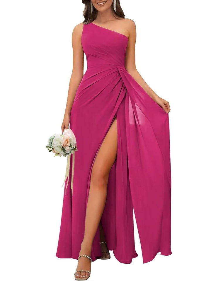A-Line/Princess One Shoulder Sleeveless Floor-Length Bridesmaid Dresses with Split