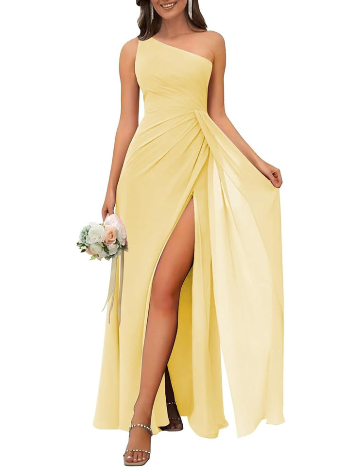 A-Line/Princess One Shoulder Sleeveless Floor-Length Bridesmaid Dresses with Split