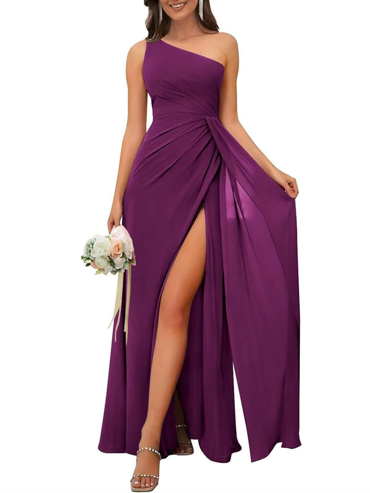 A-Line/Princess One Shoulder Sleeveless Floor-Length Bridesmaid Dresses with Split