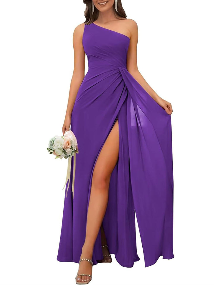 A-Line/Princess One Shoulder Sleeveless Floor-Length Bridesmaid Dresses with Split