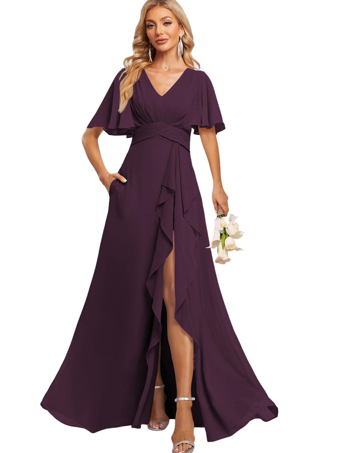 A-Line/Princess V Neck Flutter Sleeve Floor Length  Bridesmaid Dresses with Pockets  with Slit Ruffles
