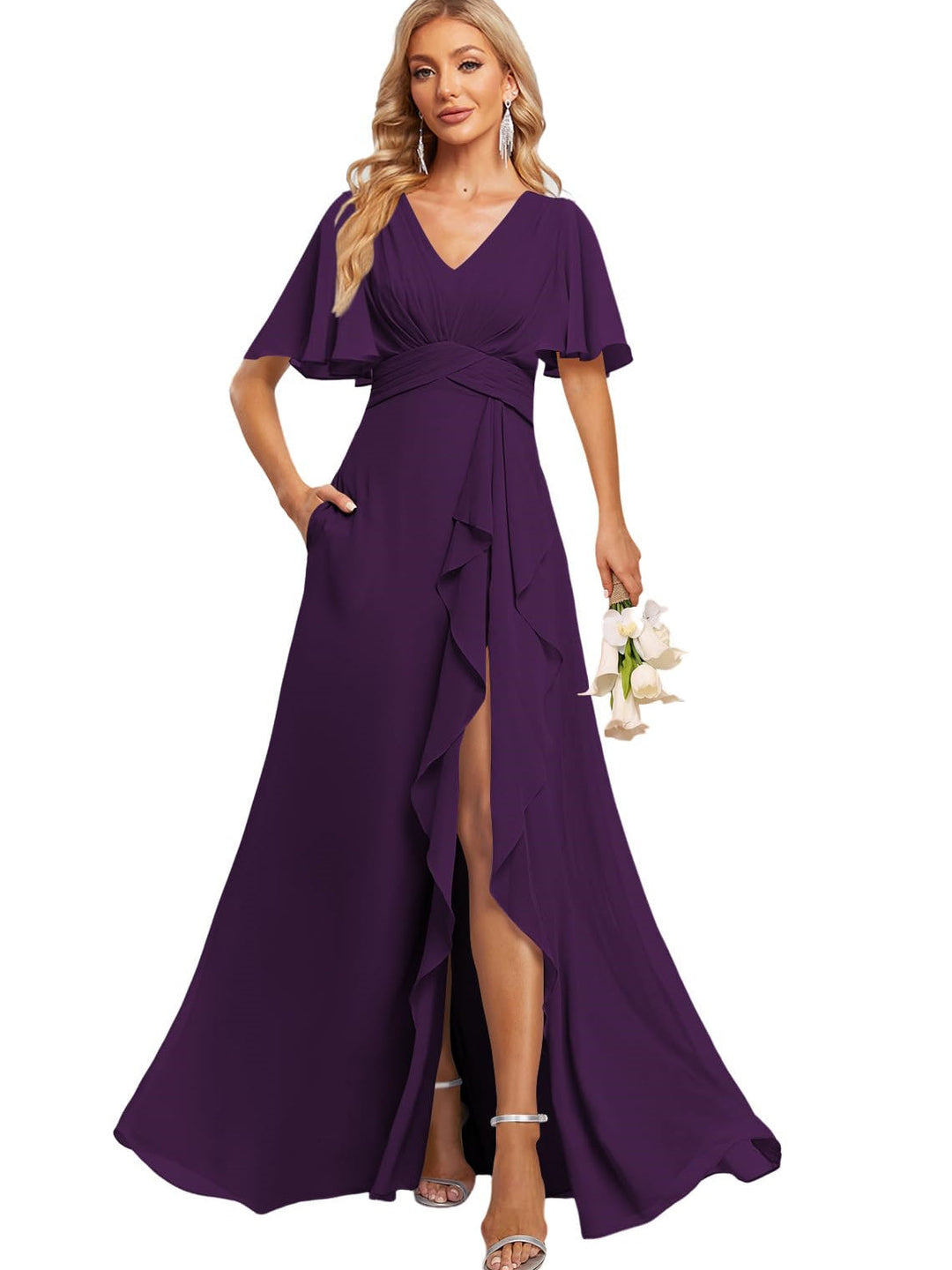 A-Line/Princess V Neck Flutter Sleeve Floor Length  Bridesmaid Dresses with Pockets  with Slit Ruffles
