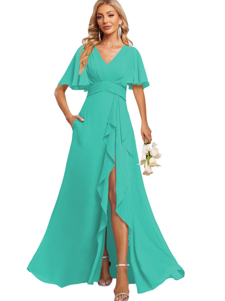 A-Line/Princess V Neck Flutter Sleeve Floor Length  Bridesmaid Dresses with Pockets  with Slit Ruffles