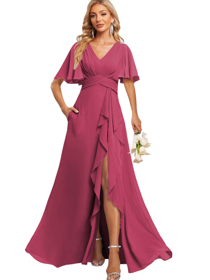 A-Line/Princess V Neck Flutter Sleeve Floor Length  Bridesmaid Dresses with Pockets  with Slit Ruffles