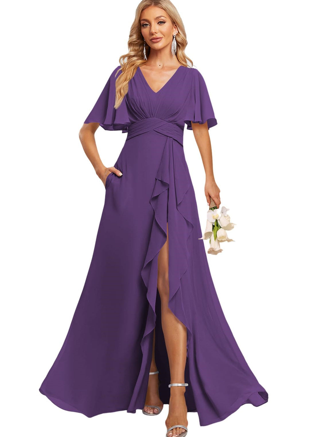 A-Line/Princess V Neck Flutter Sleeve Floor Length  Bridesmaid Dresses with Pockets  with Slit Ruffles