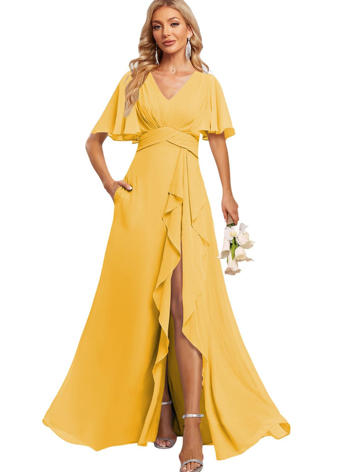 A-Line/Princess V Neck Flutter Sleeve Floor Length  Bridesmaid Dresses with Pockets  with Slit Ruffles
