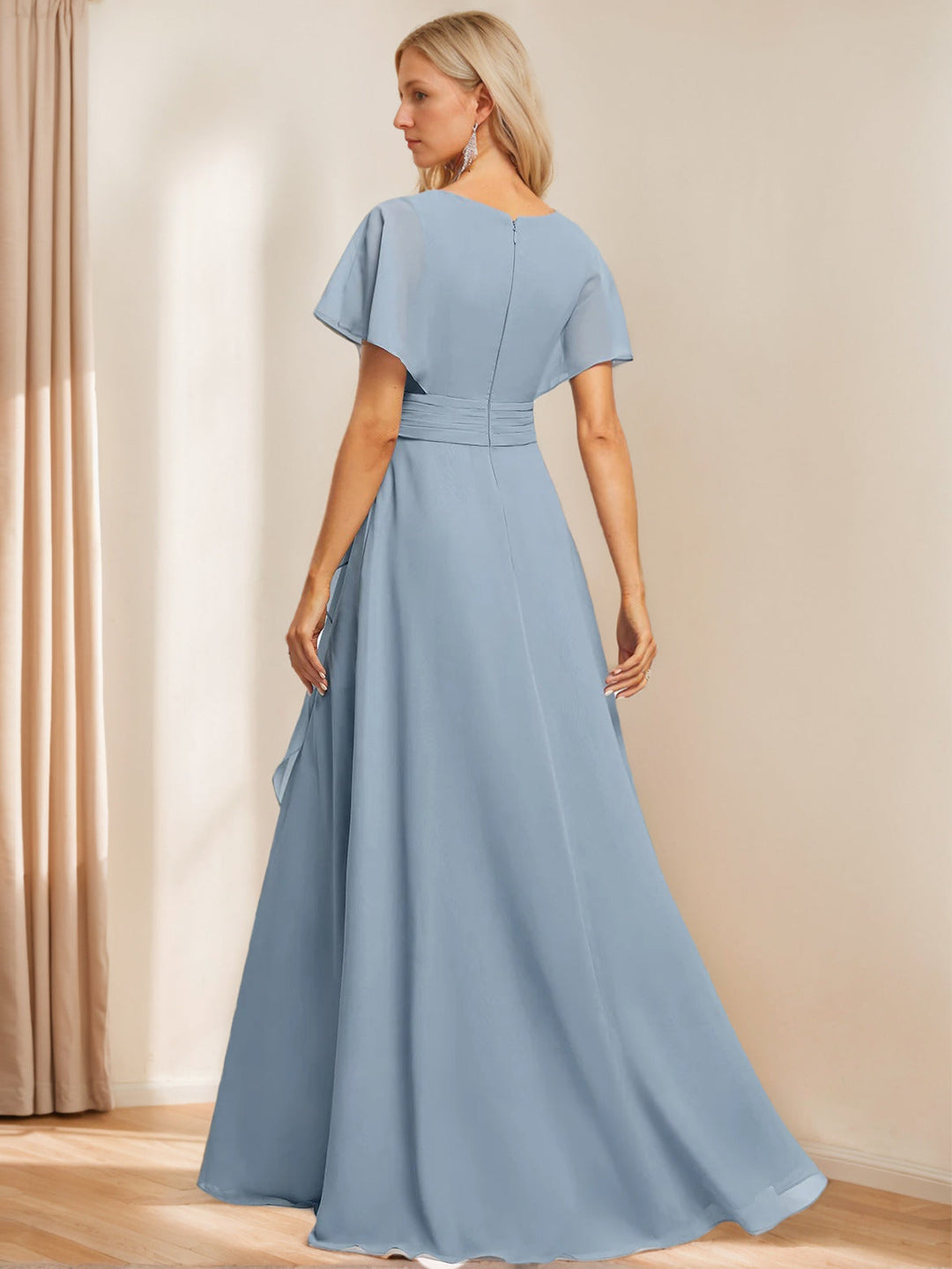 A-Line/Princess V Neck Flutter Sleeve Floor Length  Bridesmaid Dresses with Pockets  with Slit Ruffles