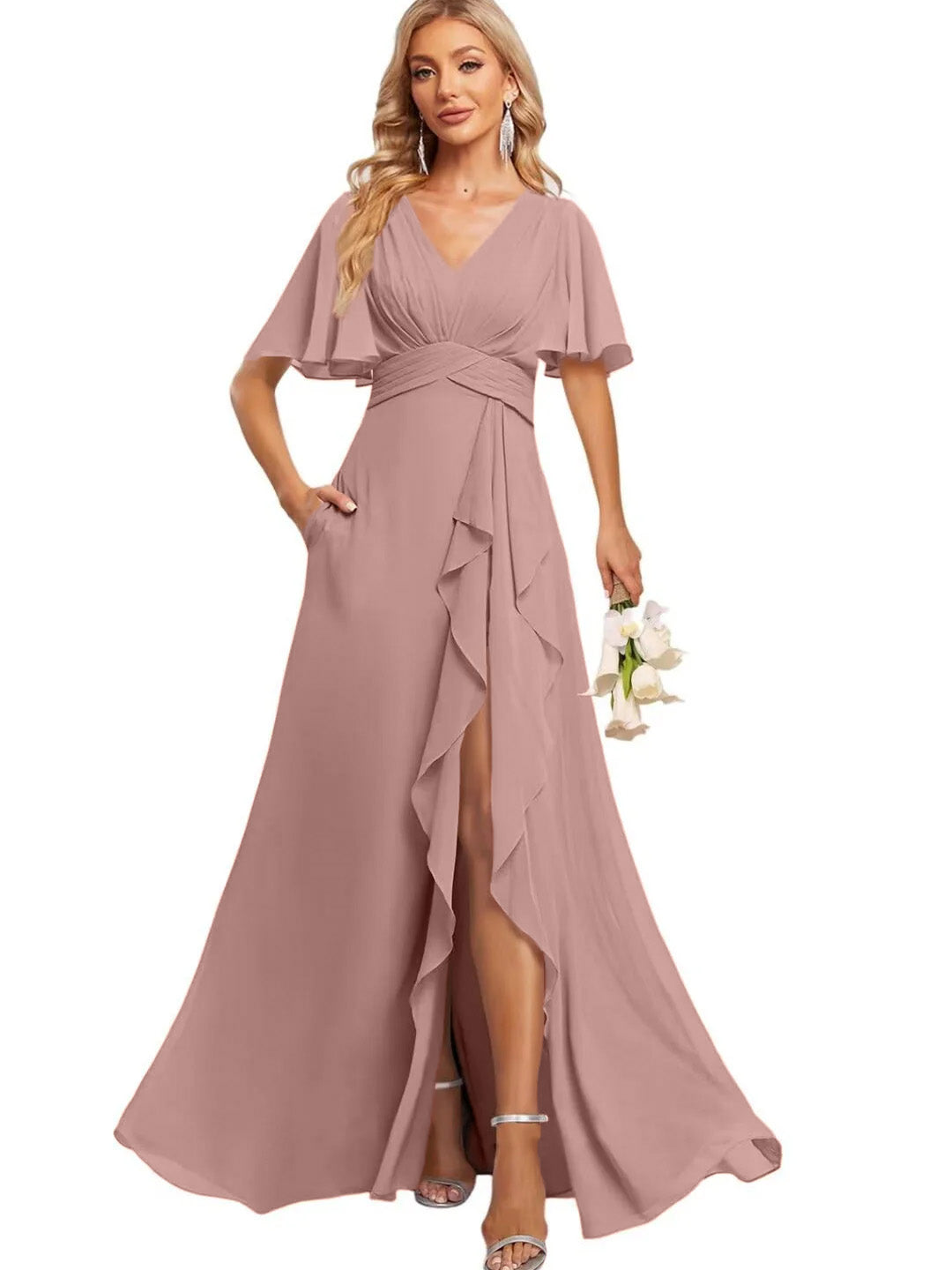 A-Line/Princess V Neck Flutter Sleeve Floor Length  Bridesmaid Dresses with Pockets  with Slit Ruffles