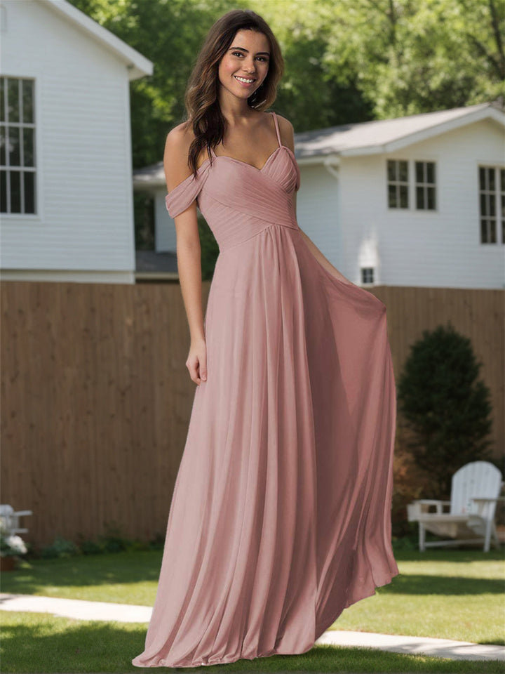 A-Line/Princess Sweetheart Off Shoulder Sleeveless Floor Length Bridesmaid Dresses with Pockets Chiffon