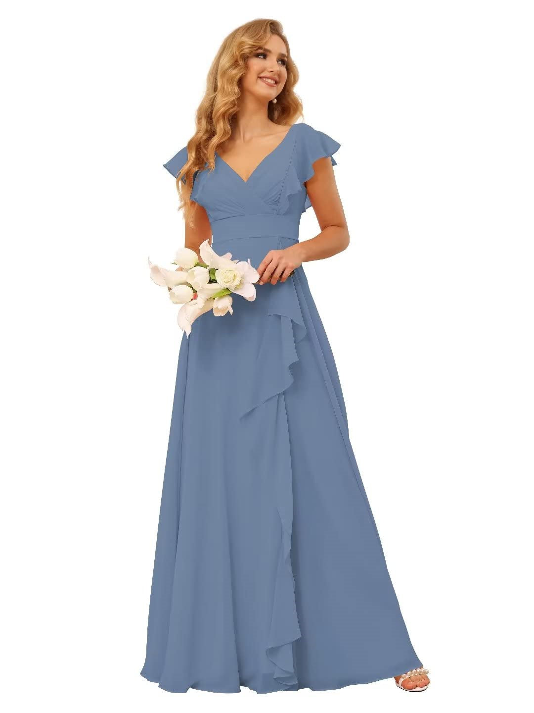 A-Line/Princess  V Neck Short Sleeve Floor Length  Bridesmaid Dresses With  Ruffled Split