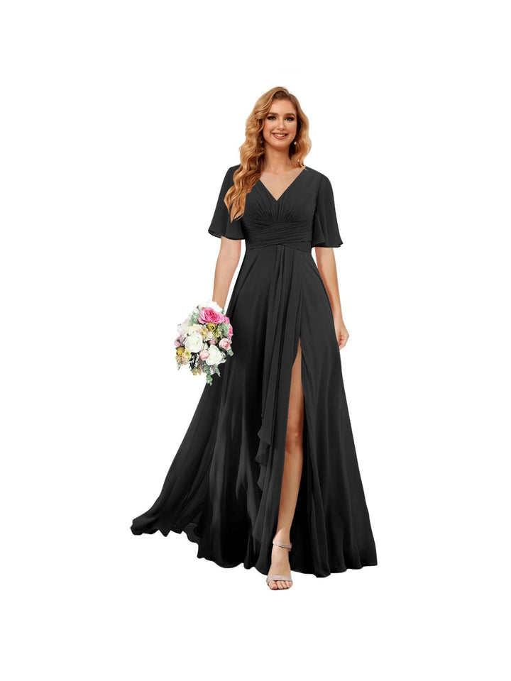 A-Line/Princess  V Neck Short Sleeve Floor Length  Bridesmaid Dresses Chiffon with Slit