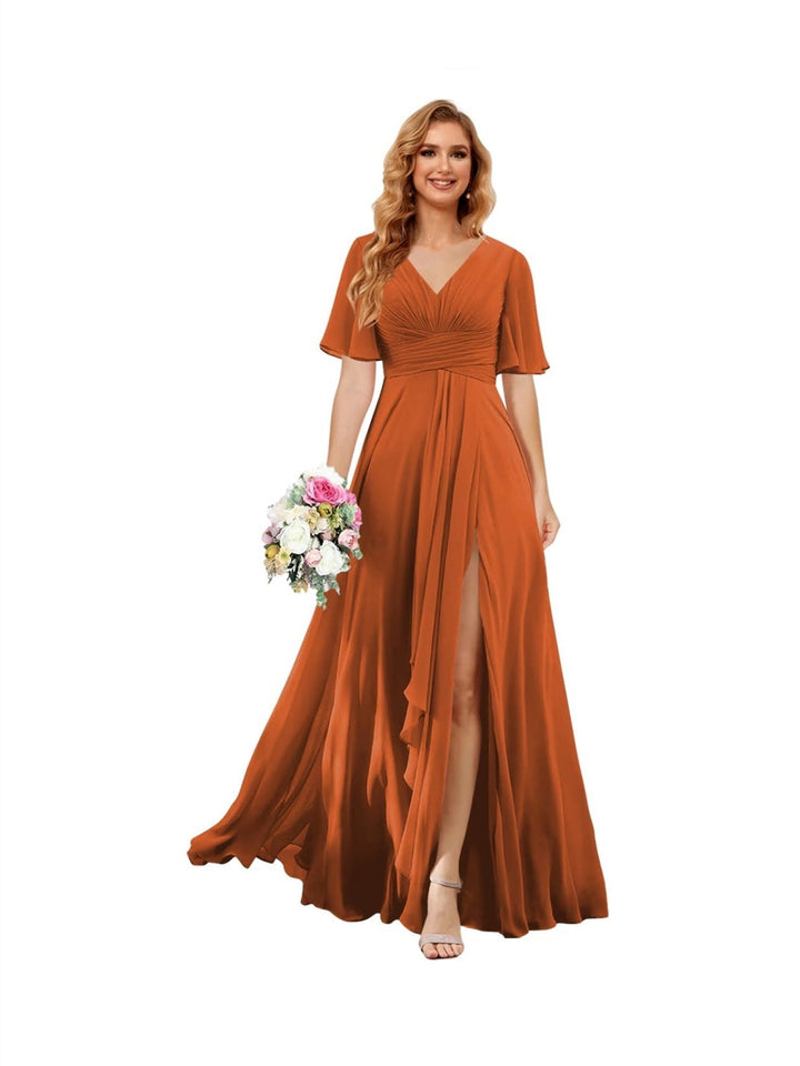 A-Line/Princess  V Neck Short Sleeve Floor Length  Bridesmaid Dresses Chiffon with Slit