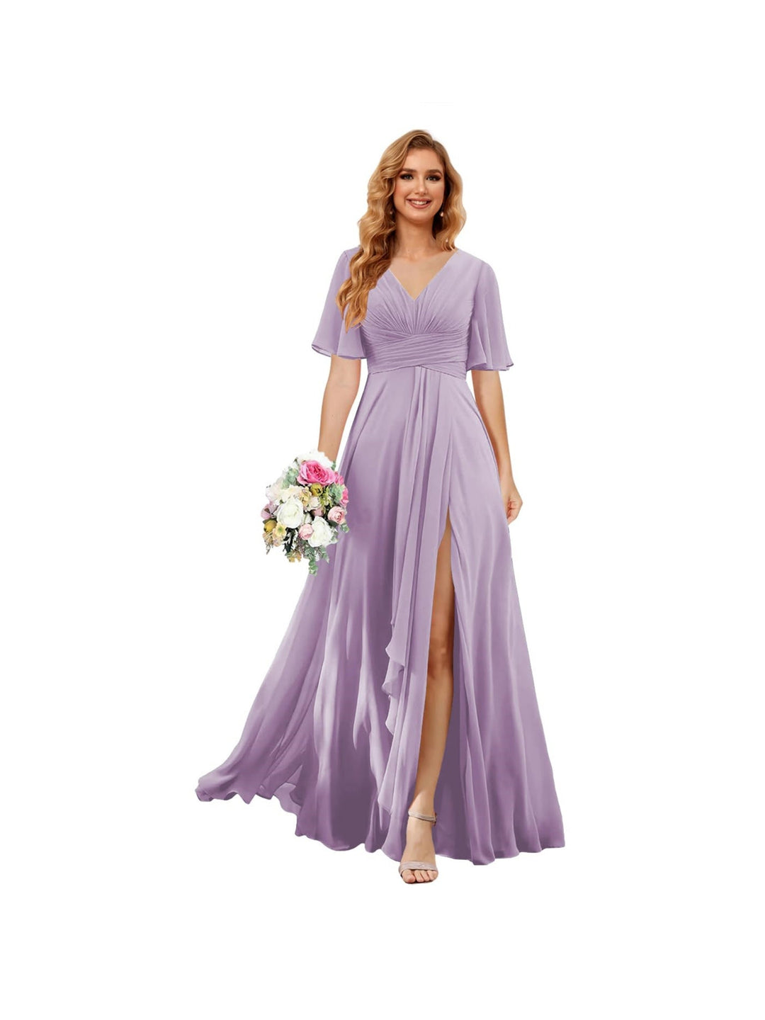 A-Line/Princess  V Neck Short Sleeve Floor Length  Bridesmaid Dresses Chiffon with Slit