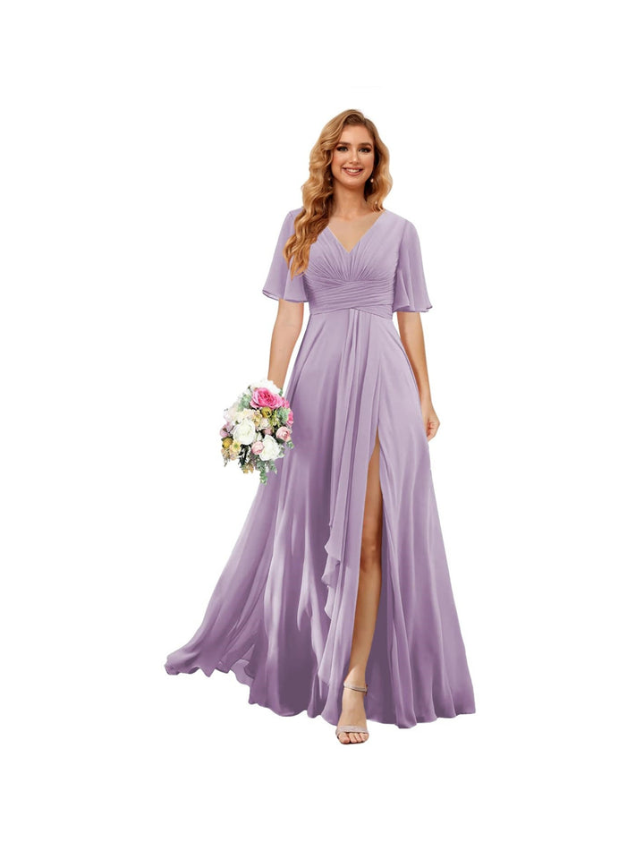 A-Line/Princess  V Neck Short Sleeve Floor Length  Bridesmaid Dresses Chiffon with Slit