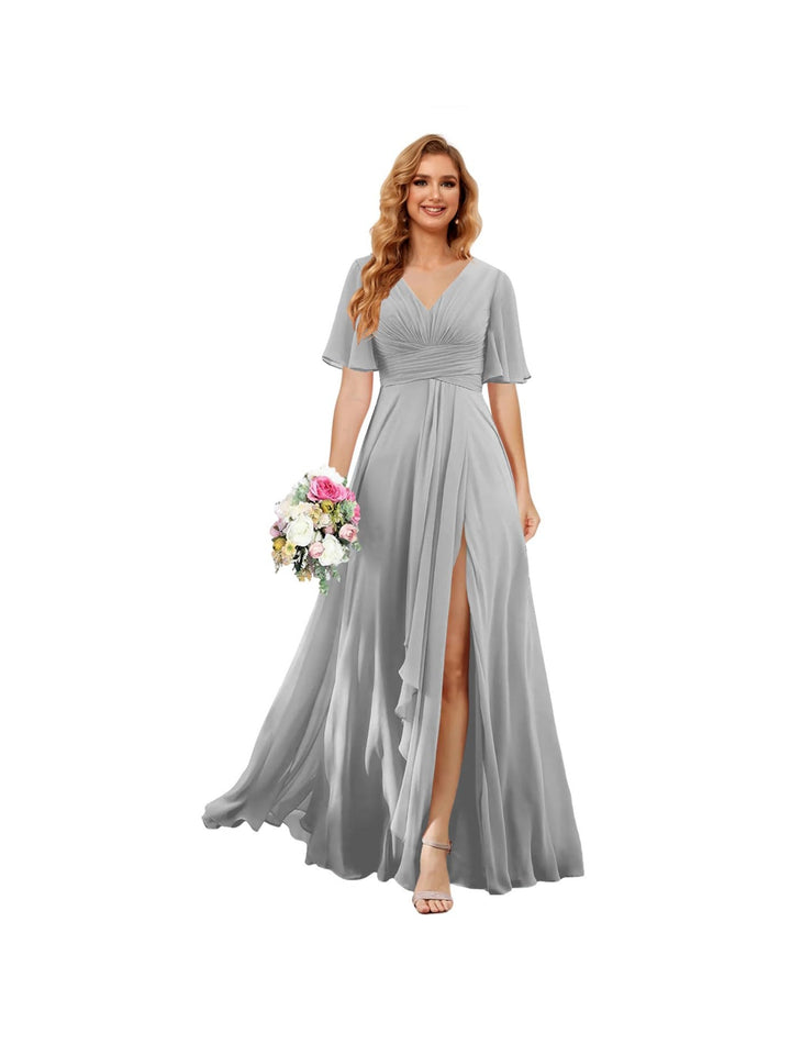 A-Line/Princess  V Neck Short Sleeve Floor Length  Bridesmaid Dresses Chiffon with Slit