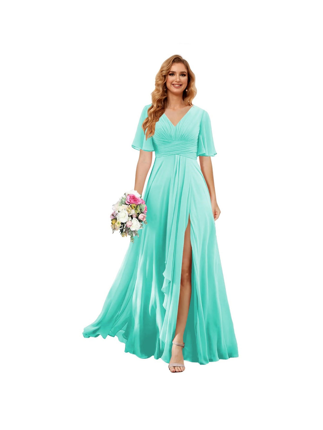 A-Line/Princess  V Neck Short Sleeve Floor Length  Bridesmaid Dresses Chiffon with Slit