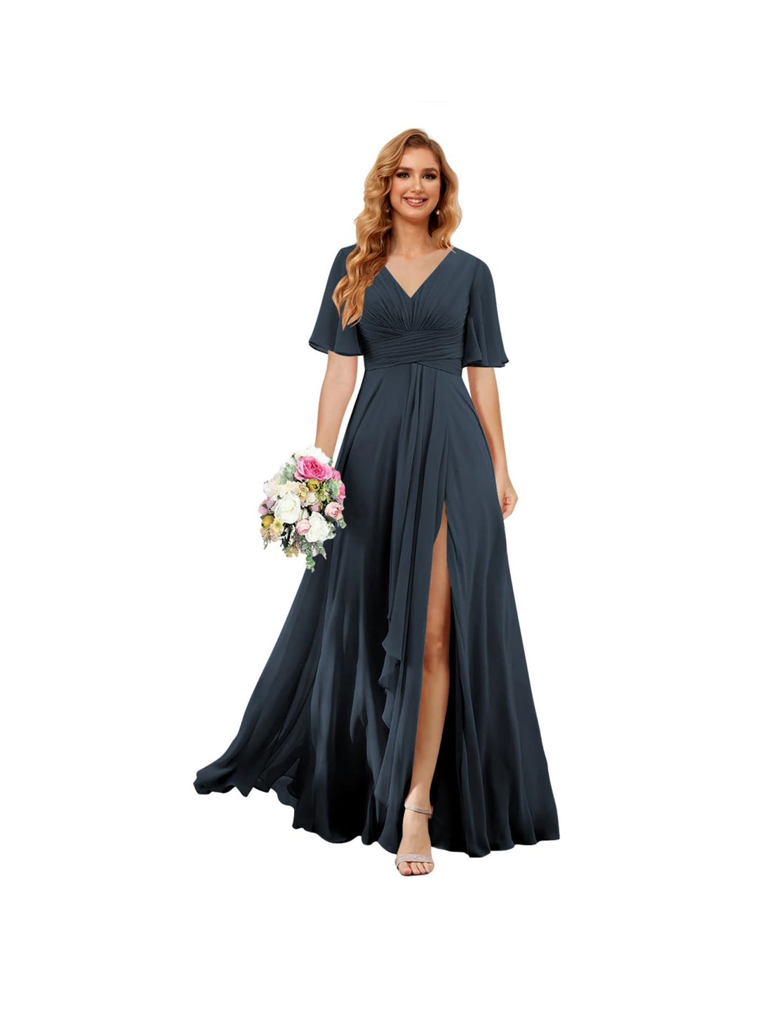 A-Line/Princess  V Neck Short Sleeve Floor Length  Bridesmaid Dresses Chiffon with Slit
