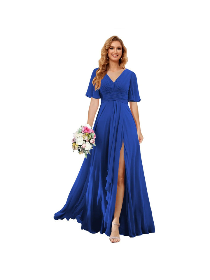 A-Line/Princess  V Neck Short Sleeve Floor Length  Bridesmaid Dresses Chiffon with Slit