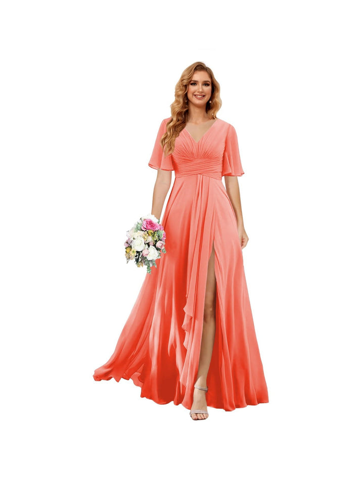 A-Line/Princess  V Neck Short Sleeve Floor Length  Bridesmaid Dresses Chiffon with Slit