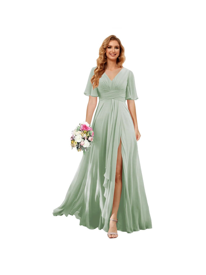 A-Line/Princess  V Neck Short Sleeve Floor Length  Bridesmaid Dresses Chiffon with Slit