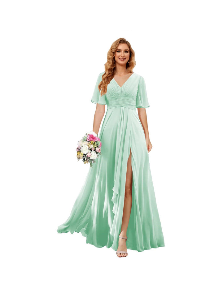 A-Line/Princess  V Neck Short Sleeve Floor Length  Bridesmaid Dresses Chiffon with Slit
