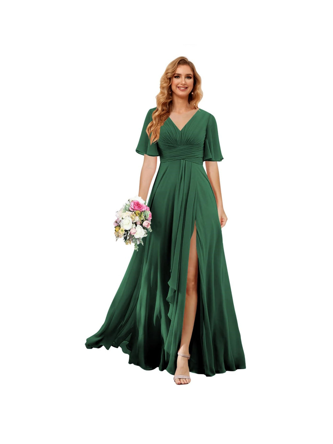 A-Line/Princess  V Neck Short Sleeve Floor Length  Bridesmaid Dresses Chiffon with Slit