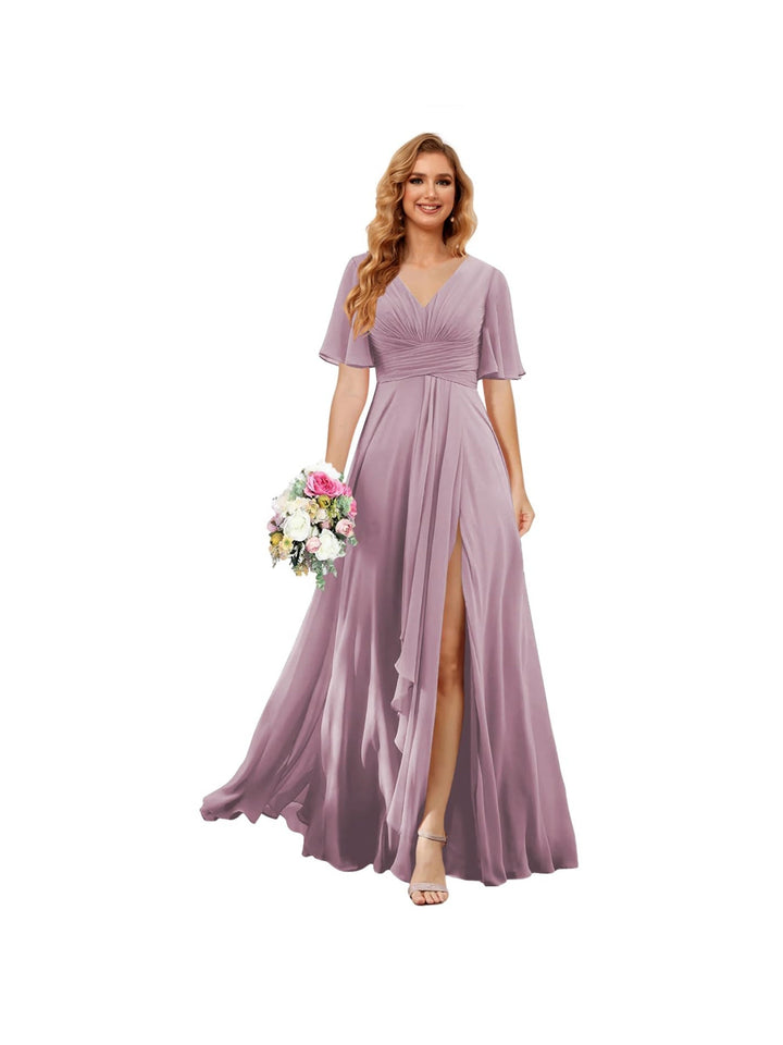 A-Line/Princess  V Neck Short Sleeve Floor Length  Bridesmaid Dresses Chiffon with Slit