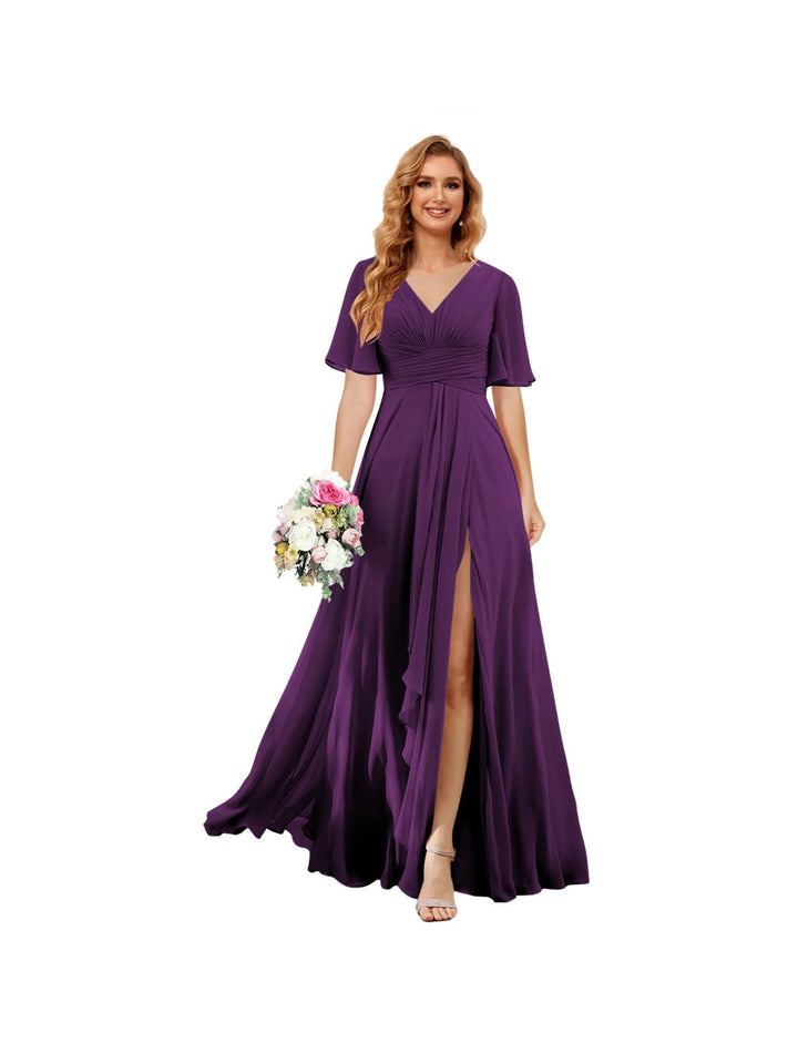 A-Line/Princess  V Neck Short Sleeve Floor Length  Bridesmaid Dresses Chiffon with Slit