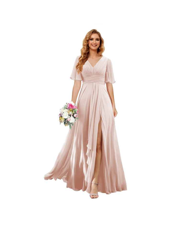 A-Line/Princess  V Neck Short Sleeve Floor Length  Bridesmaid Dresses Chiffon with Slit