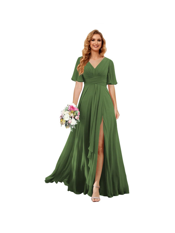 A-Line/Princess  V Neck Short Sleeve Floor Length  Bridesmaid Dresses Chiffon with Slit