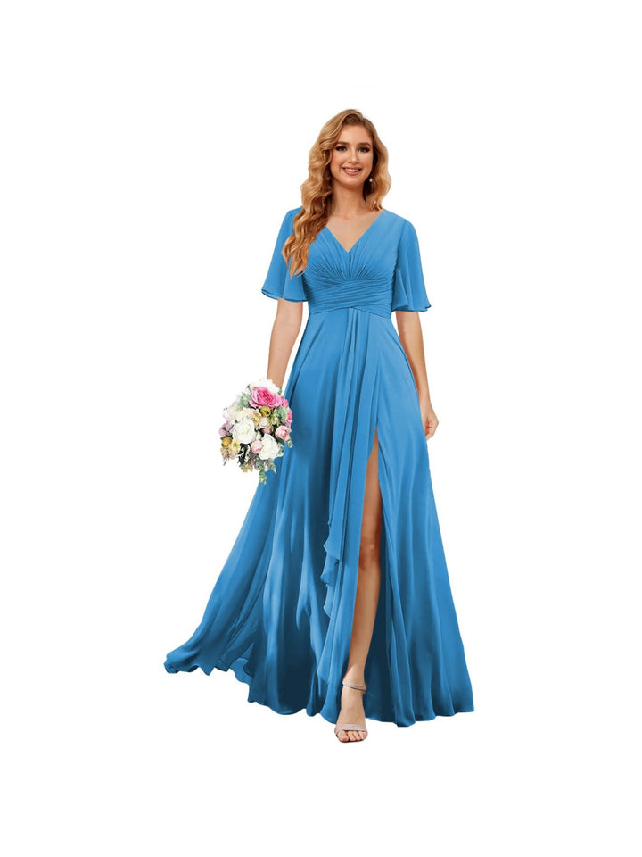 A-Line/Princess  V Neck Short Sleeve Floor Length  Bridesmaid Dresses Chiffon with Slit