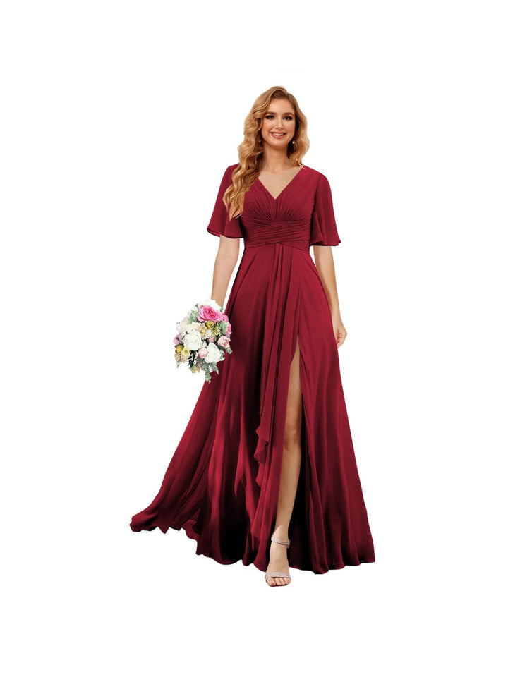 A-Line/Princess  V Neck Short Sleeve Floor Length  Bridesmaid Dresses Chiffon with Slit