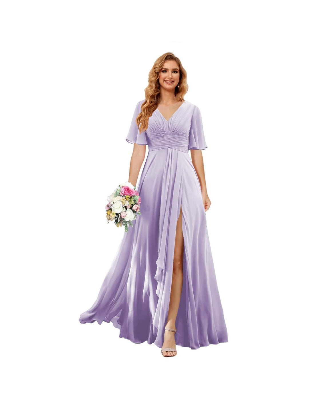 A-Line/Princess  V Neck Short Sleeve Floor Length  Bridesmaid Dresses Chiffon with Slit