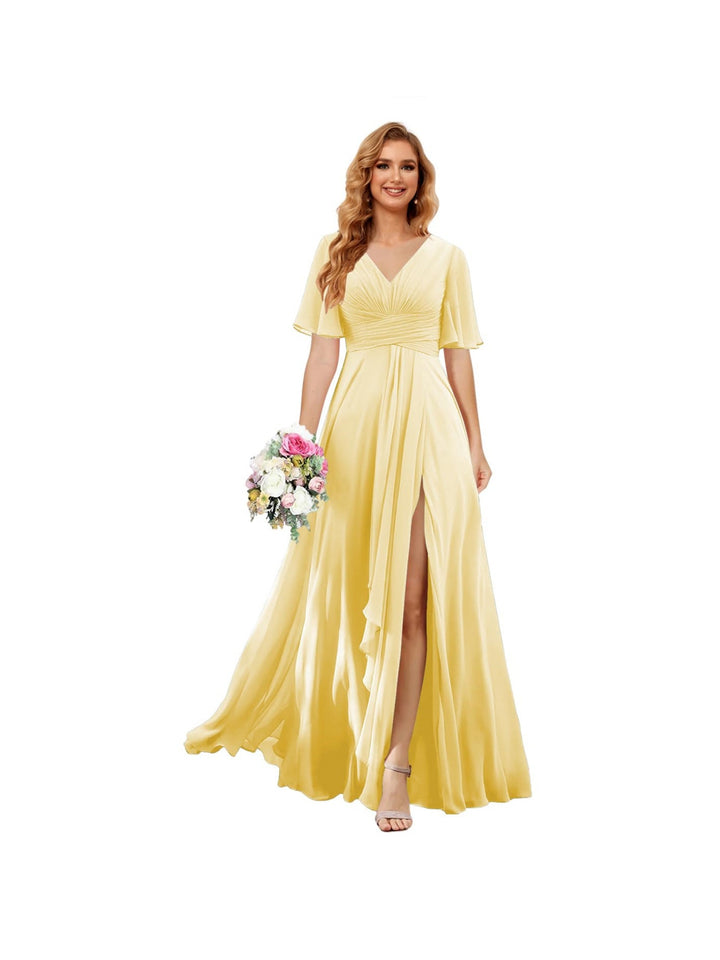 A-Line/Princess  V Neck Short Sleeve Floor Length  Bridesmaid Dresses Chiffon with Slit