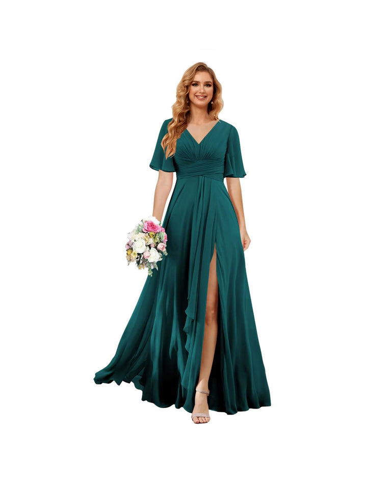 A-Line/Princess  V Neck Short Sleeve Floor Length  Bridesmaid Dresses Chiffon with Slit