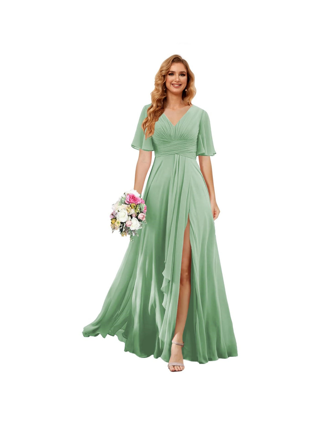 A-Line/Princess  V Neck Short Sleeve Floor Length  Bridesmaid Dresses Chiffon with Slit