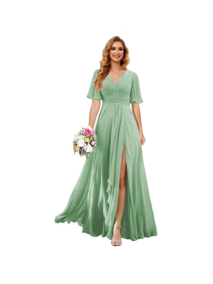 A-Line/Princess  V Neck Short Sleeve Floor Length  Bridesmaid Dresses Chiffon with Slit