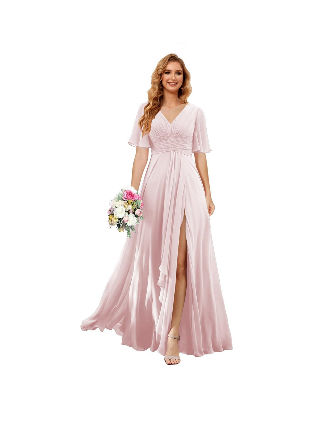 A-Line/Princess  V Neck Short Sleeve Floor Length  Bridesmaid Dresses Chiffon with Slit