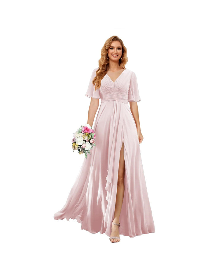 A-Line/Princess  V Neck Short Sleeve Floor Length  Bridesmaid Dresses Chiffon with Slit