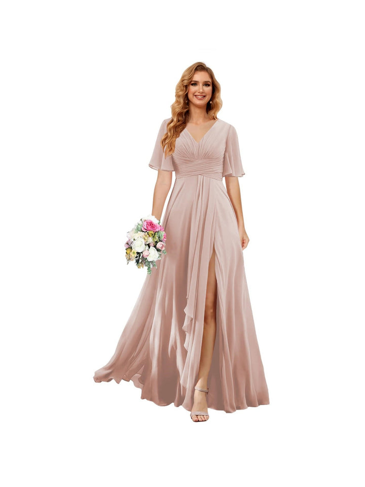 A-Line/Princess  V Neck Short Sleeve Floor Length  Bridesmaid Dresses Chiffon with Slit