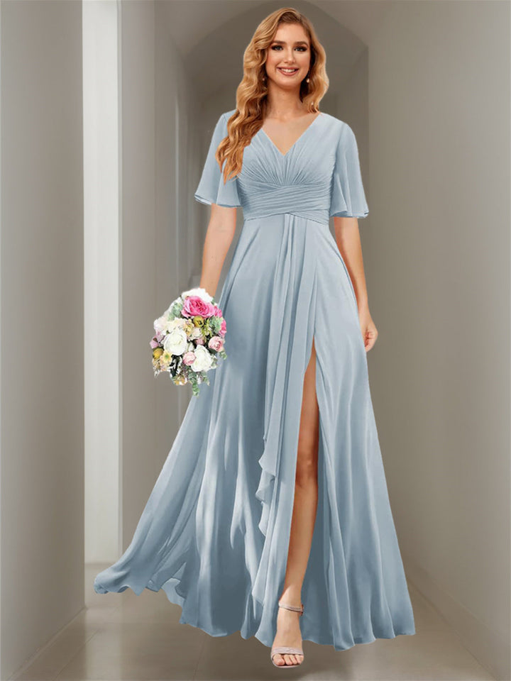 A-Line/Princess  V Neck Short Sleeve Floor Length  Bridesmaid Dresses Chiffon with Slit