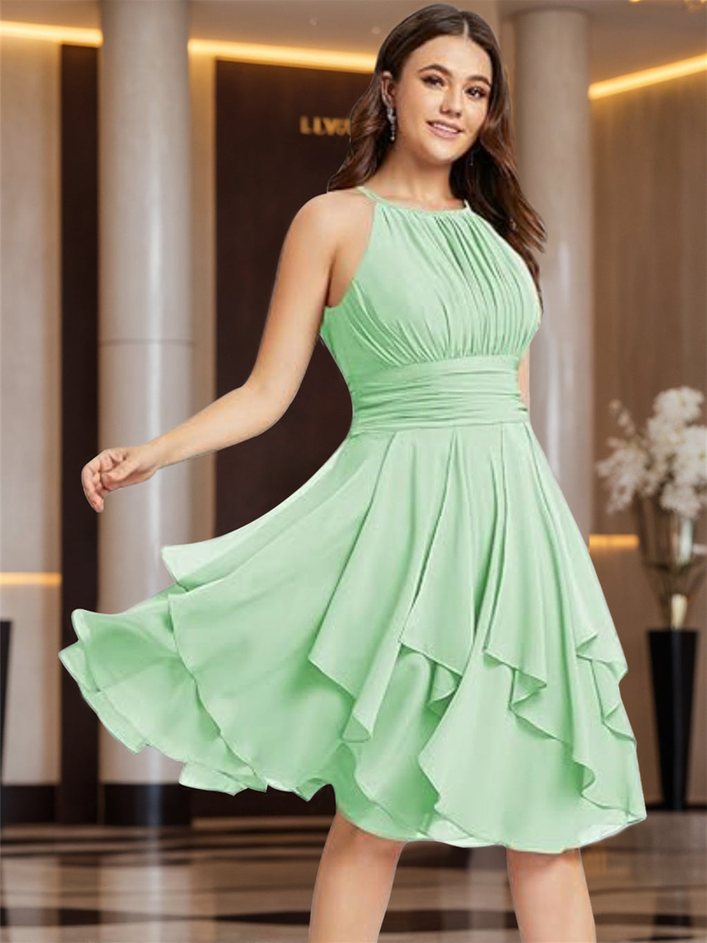 A-Line/Princess Halter  Sleeveless Short/Mini  Bridesmaid Dresses Chiffon Ruffle Pleated Pockets