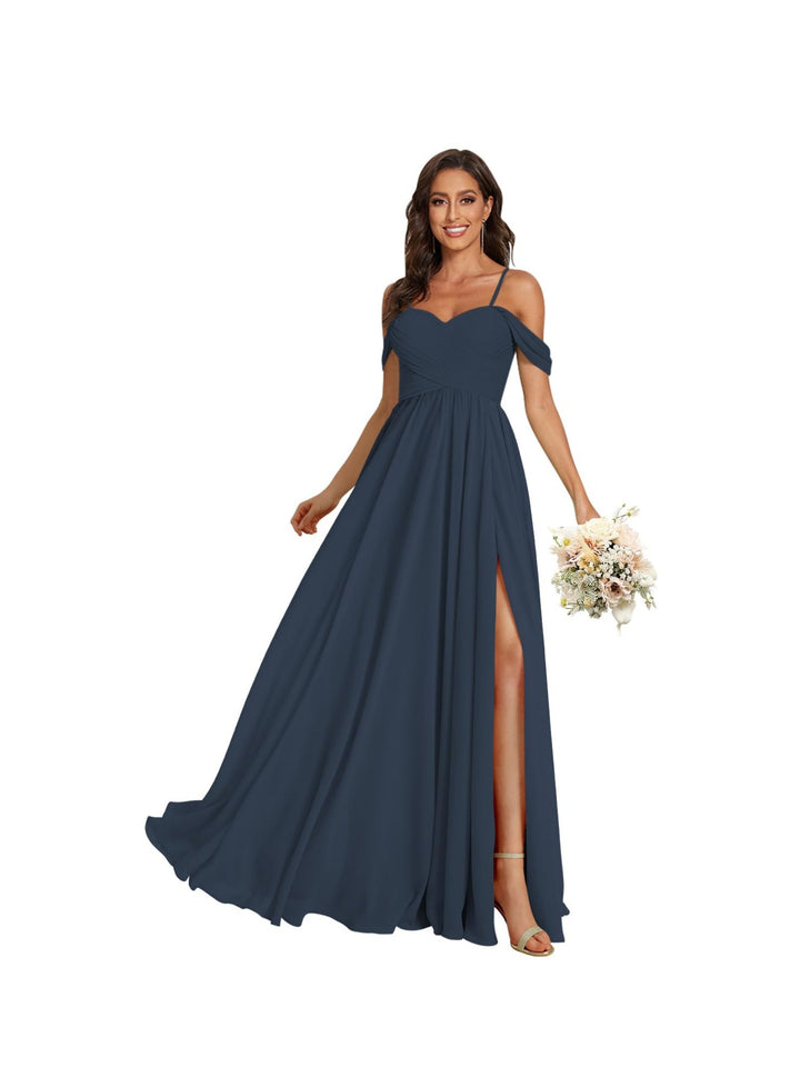 A-Line/Princess Off Shoulder Sweetheart  Sleeveless Floor Length Bridesmaid Dresses Chiffon with Pockets Slit